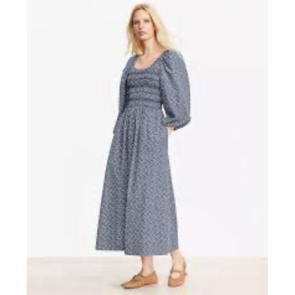 LOFT Blue Floral Smocked Midi Dress Square Cottage Puff Modest Pockets Sz SP